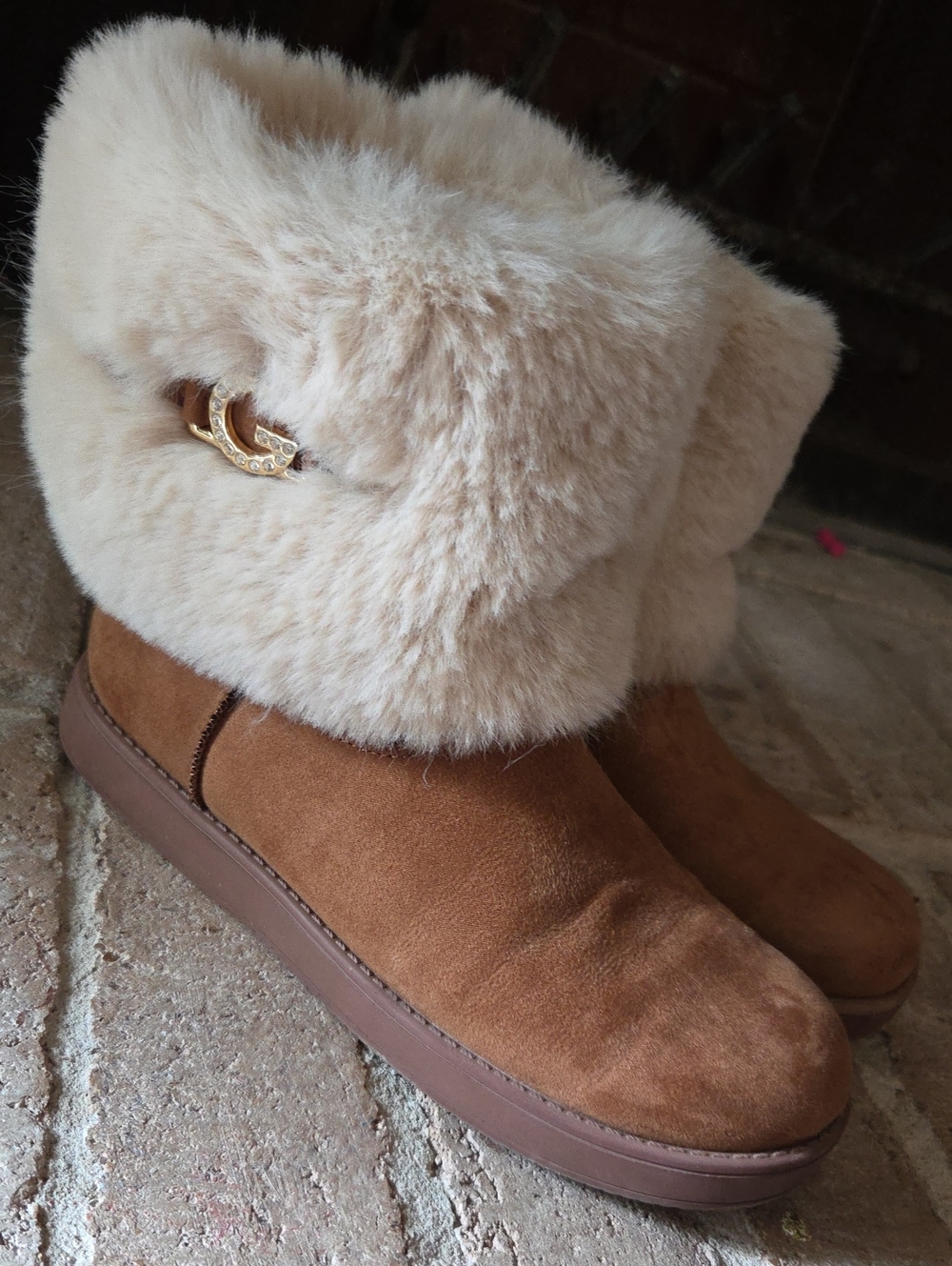 GBG Los Angeles Tan Suede Winter Boots with Cream Faux-Fur Cuff
